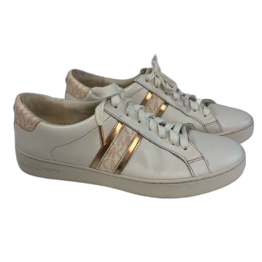 Michael Kors Irving Stripe Sneakers Womens 9M White Rose Gold Leather Logo